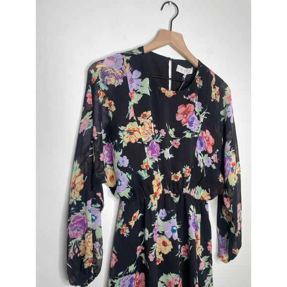 ⭐️ 3/$20 Wayf Chiffon Floral Print Long Sleeve Dress Size XS Black - Picture 3 of 9